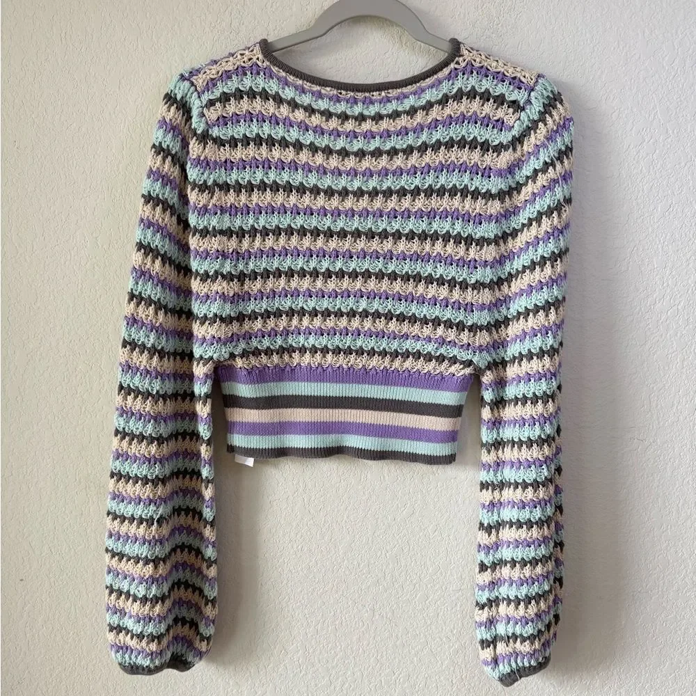 ZARA Women’s Striped Crochet Knit Cropped Sweater Top Puff‎ Sleeve V-Neck Sz L